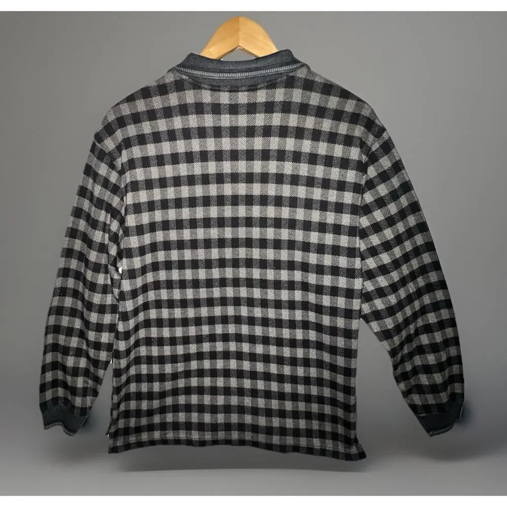 Knightsbridge Black Gray Plaid Knit Longsleeve Polo Shirt Mens M Contrast Trim - Picture 8 of 10